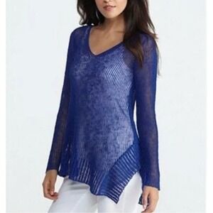 Eileen Fisher Sweater Small Blue Sheer Knit Asymmetrical Hem Lightweight Top